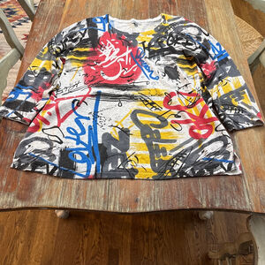 Shana Long Sleeve Wool Blend Sweater XL Gray Red Graffiti Print Abstract Artsy